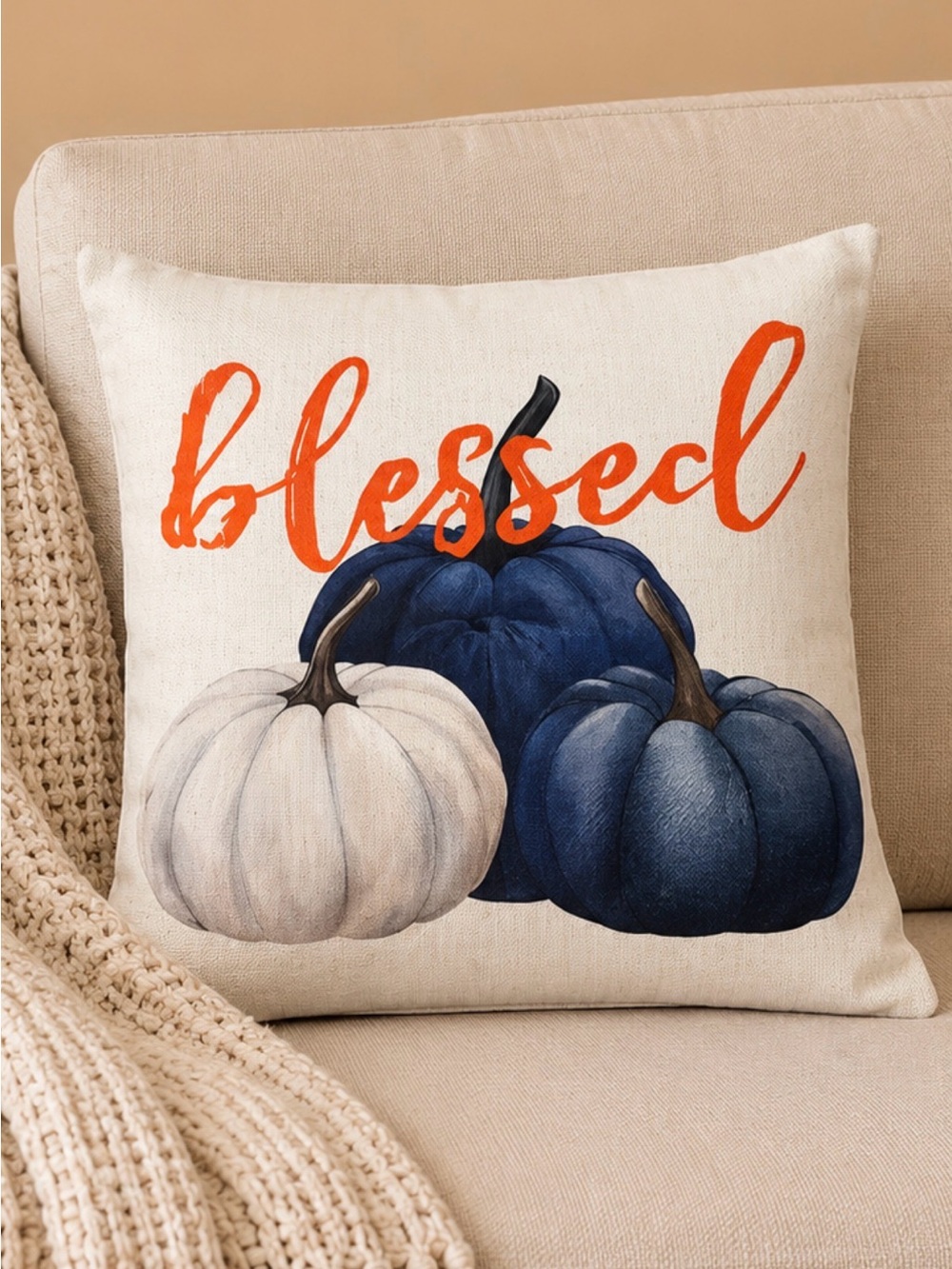 Blessed Pumpkin Decorative Pillow - Navy, White & Orange Script